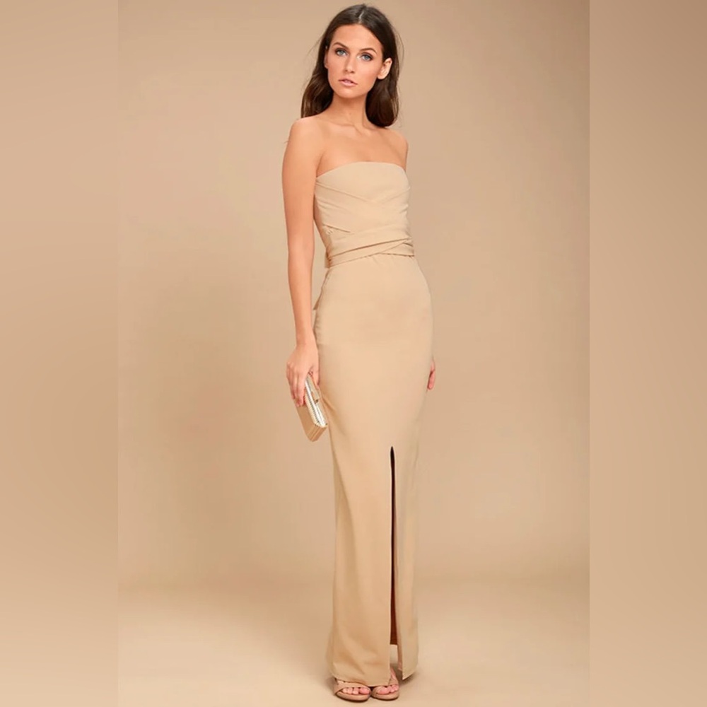 Lulus Elegant Own the Night Beige Strapless Maxi Dress